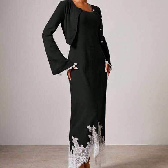 Black Elegant Women's Knit Sweater Lace detailed Dress & Cardigan Set - Picture 9 of 14